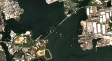 Sentinel 2 satellite image of Baltimore Harbour, captured on Sunday 14th April 2024 showing the Francis Scott Key Bridge collapse with the Dali ship against the bridge pier.png