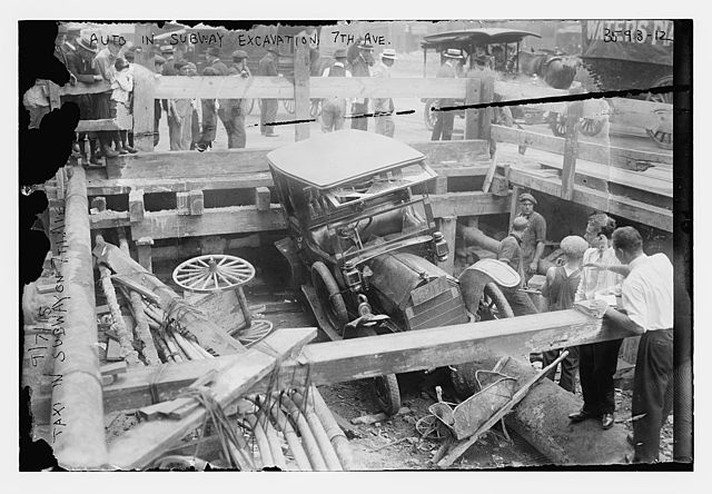 1915 Seventh Avenue subway collapse with car fallen in tunnel