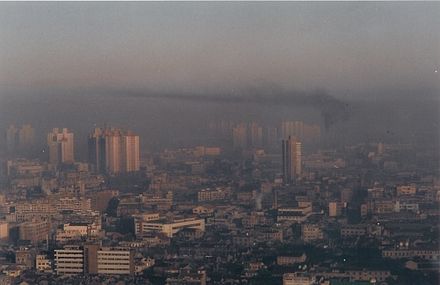 Smog in Shanghai, China, December, 1993—an example of air conditions typically rated as unhealthy