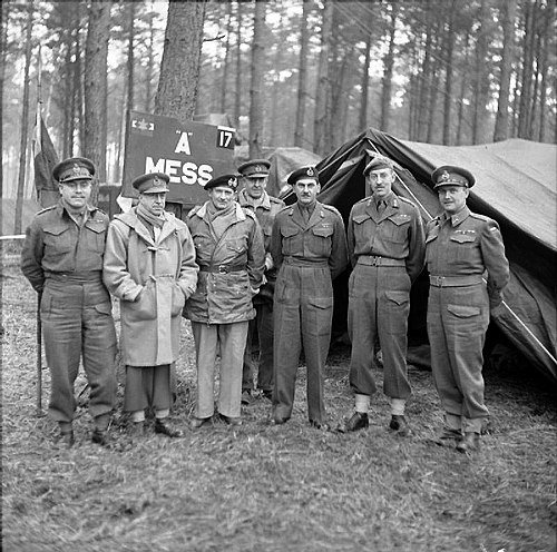 From left to right: Christopher Vokes, Harry Crerar, Sir Bernard Montgomery, Brian Horrocks (both British Army), Guy Simonds, Daniel Spry and Bruce Ma