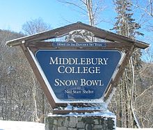 Entrance to the Middlebury College Snow Bowl, the college-owned ski mountain that hosts Winter Carnival ski races and "Feb" graduation SnowBowlSign.JPG