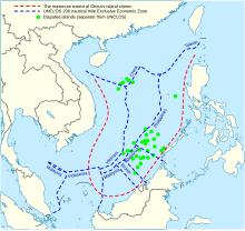 China's maritime claim (red) and UNCLOS exclusive economic zones (blue) in the South China Sea