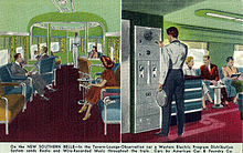 Postcard depiction, circa 1948, of the tavern-observation car. A radio allowed broadcasts and music to be heard throughout the train. Southern Belle tavern lounge observation car Kansas City Southern Railroad.JPG