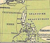 An 1858 German map of the Far East showing the limits of "Spanish Possessions" (Spanische Besitzungen) in the area, clearly including Basilan Island within the Spanish sphere even prior to the Fall of Jolo in 1876. Spanish territories by 1892.jpg