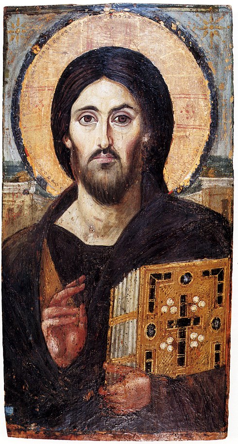 The oldest known icon of Christ Pantocrator at Saint Catherine's Monastery. The two different facial expressions on either side emphasize Christ's dual nature as both divine and human.[2][3]