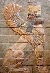 A creature with a head of a man, body of a lion, and wings of an eagle, resembling a "lamassu," from the palace of Darius, Susa, Shush