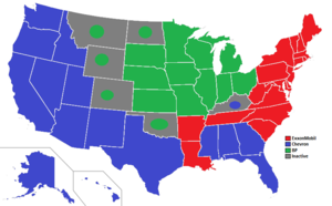 This map shows by state which company has the rights to the Standard Oil name. ExxonMobil has full international rights and continues to use the Esso name overseas. States that are gray have a dot representing their owners, but are not actively being used; ExxonMobil operates in all these states and have de facto claimed the trademark. Standardmap.png