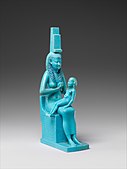 Statuetă a lui Isis și Horus; 332–30 î.Hr.; faianță; înălțime: 17 cm, lățime: 5,1 cm, adâncime: 7,7 cm; Muzeul Metropolitan de Artă