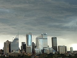 The dark storm clouds associated with the Black nor'easter over Sydney CBD Storm Clouds Over Sydney 3 - panoramio.jpg