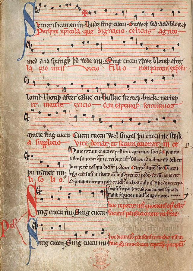 MS Harley 978, f. 11v, die erste überlieferte Aufzeichnung des Kanons „Sumer is icumen in“