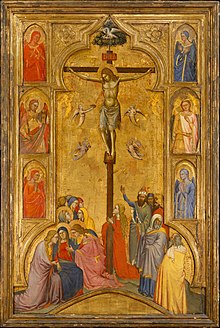 Crucifixion by Orcagna, c. 1365, with very elaborate tooling. Fragments from an altarpiece, in a 19th-century rearrangement. The Crucifixion MET DT3046.jpg