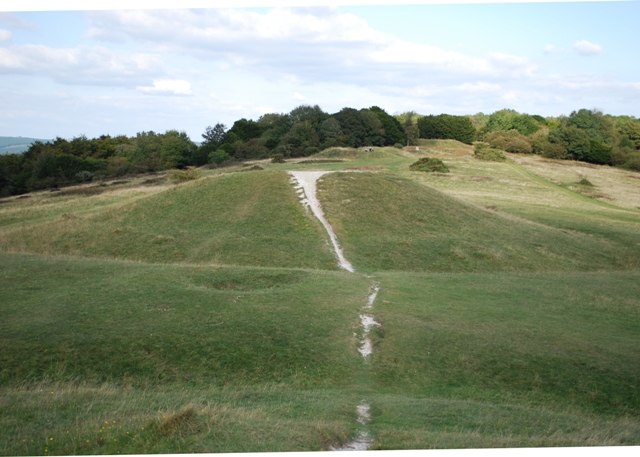 View across the Devil's Humps from the summit of Barrow A at the southwestern end. Barrows B, C and D are all visible, together with a possible pond b