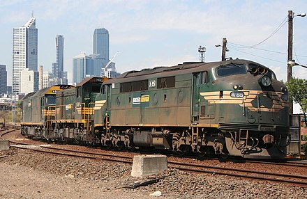 Three body styles of diesel locomotive, from front to rear: cab unit, hood unit and box cab. These locomotives are operated by Pacific National in Australia.