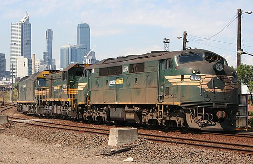 Pacific National diesel locomotives in Australia showing three body types, cab unit (Front), hood unit (Center) and box cab (Back)