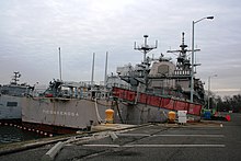 The former USS Ticonderoga was at berth at the Philadelphia Naval Inactive Ship Maintenance Facility in January 2008. Ticonderoga CG-47 Phil Navy Yard.JPG