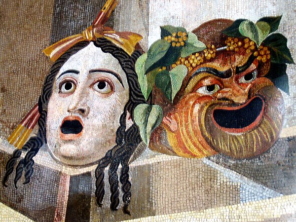 Tragic Comic Masks of Ancient Greek Theatre represented in the Hadrian's Villa mosaic