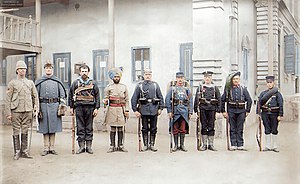 Troops of the Eight-Nation Alliance (except Russia) that fought against the Boxer Rebellion in China, 1900. From the left Britain, United States, Australia, India, Germany, France, Austria-Hungary, Italy, Japan. (49652330563).jpg