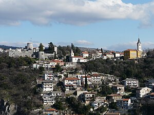 View of Trsat from WSW, from Rijeka mountain area. Trsat Vew from mountains behind Rijeka city 2008 year.jpg