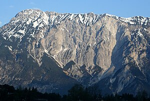 The Tschirgant from the south from the Ötztal.  The area where the landslide fell is clearly visible.