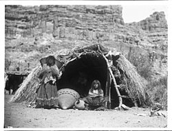 Two Havasupai Indian women in front of a native dwelling, Havasu Canyon, ca.1899 Two Havasupai Indian women in front of a native dwelling, Havasu Canyon, ca.1899 (CHS-3791).jpg