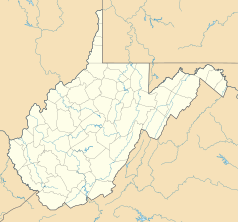 Mapa konturowa Wirginii Zachodniej, blisko centrum u góry znajduje się punkt z opisem „Uniwersytet Wirginii Zachodniej”
