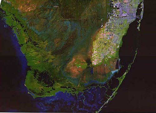 Satellite image of the southern Everglades with developed areas in 2001, including Everglades National Park, Big Cypress National Preserve, Florida Bay and the southern tip of the South Florida metropolitan area  Source: U.S. Geological Survey