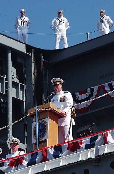 File:US Navy 030807-N-9712C-001 Capt. John Miller, Commanding Officer of USS Constellation (CV 64), presents the opening remarks during the ship's decommissioning ceremony.jpg