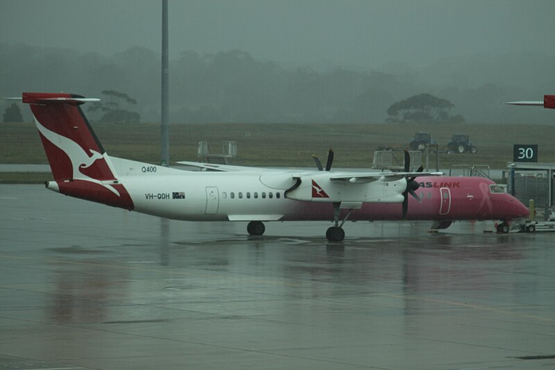 File:VH-QOH Dash 8-400 Qantas Link in Breast Cancer Awareness C-s (7355438444).jpg