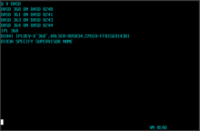 An example of a non-CMS guest operating system running under VM/370: DOS/VS Release 34. The DOS/VS system is now prompting the operator to enter a supervisor name to continue loading. VM370 Rel 6 starting up DOSVS Rel 34.png