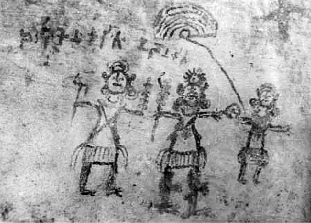 Vrishni triad shown in a rock painting at Tikla, Madhya Pradesh, 3rd-2nd century BCE. These would be Saṃkarṣaṇa (with plough and mace), Vāsudeva (with