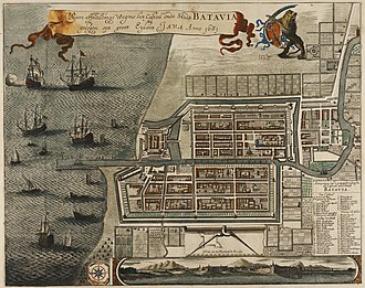 Dutch Batavia in 1681, built in what is now North Jakarta Waere affbeeldinge Wegens het Casteel ende Stadt BATAVIA gelegen opt groot Eylant JAVA Anno 1681.jpg