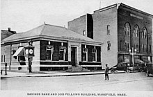 Postcard showing the Wakefield Savings Bank building, at the corner of Main and Chestnut Streets. Year of 1895. Wakefield Savings Bank building 1895.jpg