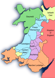 Wales after the Treaty of Montgomery in 1267
.mw-parser-output .legend{page-break-inside:avoid;break-inside:avoid-column}.mw-parser-output .legend-color{display:inline-block;min-width:1.25em;height:1.25em;line-height:1.25;margin:1px 0;text-align:center;border:1px solid black;background-color:transparent;color:black}.mw-parser-output .legend-text{}
Gwynedd, Llywelyn ap Gruffydd's principality
Territories conquered by Llywelyn
Territories of Llywelyn's vassals
Lordships of the Marcher barons
Lordships of the king of England Wales after the Treaty of Montgomery 1267.svg