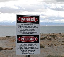 This sign warns people that there are explosives in Walker Lake; however, it cannot prevent people from swimming in it. Walker lake munitions warning.JPG