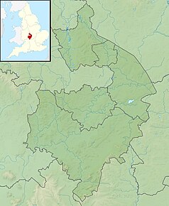 Mapa konturowa Warwickshire, po lewej znajduje się punkt z opisem „źródło”, natomiast u góry znajduje się punkt z opisem „ujście”