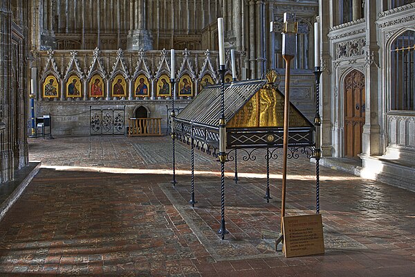 St. Swithun's memorial shrine in the retrochoir of Winchester Cathedral where the saint's relics were originally kept.