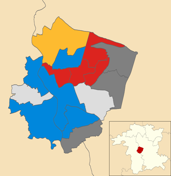 Map of the results of the 2008 Worcester council election. Conservatives in blue, Labour in red, independents in light grey and Liberal Democrats in yellow. Wards in dark grey were not contested in 2008.