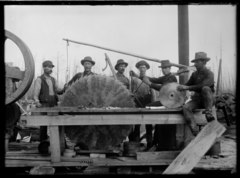 Sawmill workers posing with saw blades, Rainy River District, between 1900-1909.