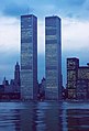World Trade Center exterior. Twilight view from harbor. 1976