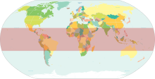 World map with the Torrid Zone, the area between the Tropics of Cancer and Capricorn, highlighted in red. World map torrid.svg