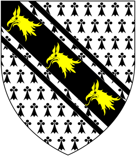 Arms of Yonge: Ermine, on a bend cotised sable three griffin's heads erased or