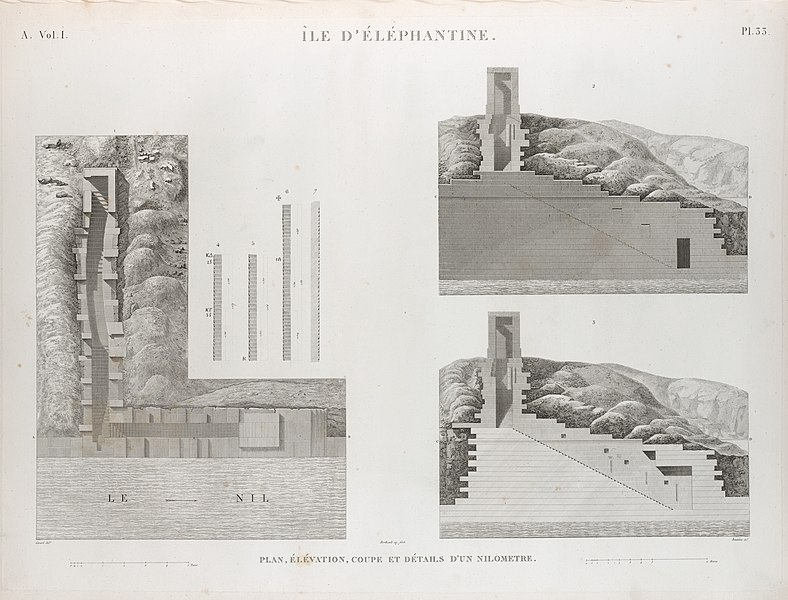 Pl.33 - Plan, élévation, coupe et détails d'un nilometre