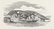La frégate à vapeur "Miranda" détruit la ville de Kola.  Tiré de The Illustrated London News