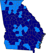 2006 Georgia Democratic gubernatorial primary. Dark blue indicates Taylor, while light blue indicates Cox. 06GAGubDemCounties.PNG