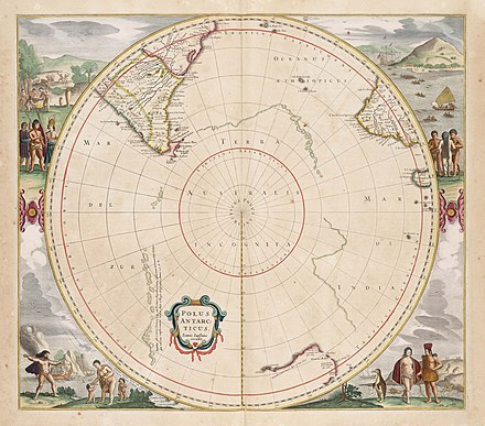A speculative representation of Antarctica labelled as 'Terra Australis Incognita' on Jan Janssonius's Zeekaart van het Zuidpoolgebied (1657), Het Scheepvaartmuseum