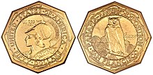 Robert I. Aitken created the $50 Panama-Pacific coins, but was not hired for the California Diamond Jubilee half dollar due to expense. 1915-S $50 Panama-Pacific 50 Dollar Octagonal.jpg