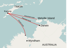 Routes across the Timor Sea 1932 Kimberley rescue Timor sea map.svg