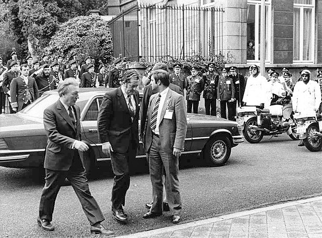 Haughey (left) arriving in Maastricht, Netherlands, for the 1981 Top Conference of the European Council