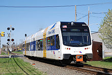 River Line train in Riverton, New Jersey. The line began service in 2004. 20070421 RivertonNJ D80 NearHiway73.jpg