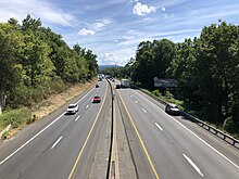 I-80 eastbound in Stroud Township 2022-08-15 11 26 23 View east along Interstate 80 (Keystone Shortway) from the overpass for the ramp to Pennsylvania State Route 611 (North Ninth Street) in Stroud Township, Monroe County, Pennsylvania.jpg